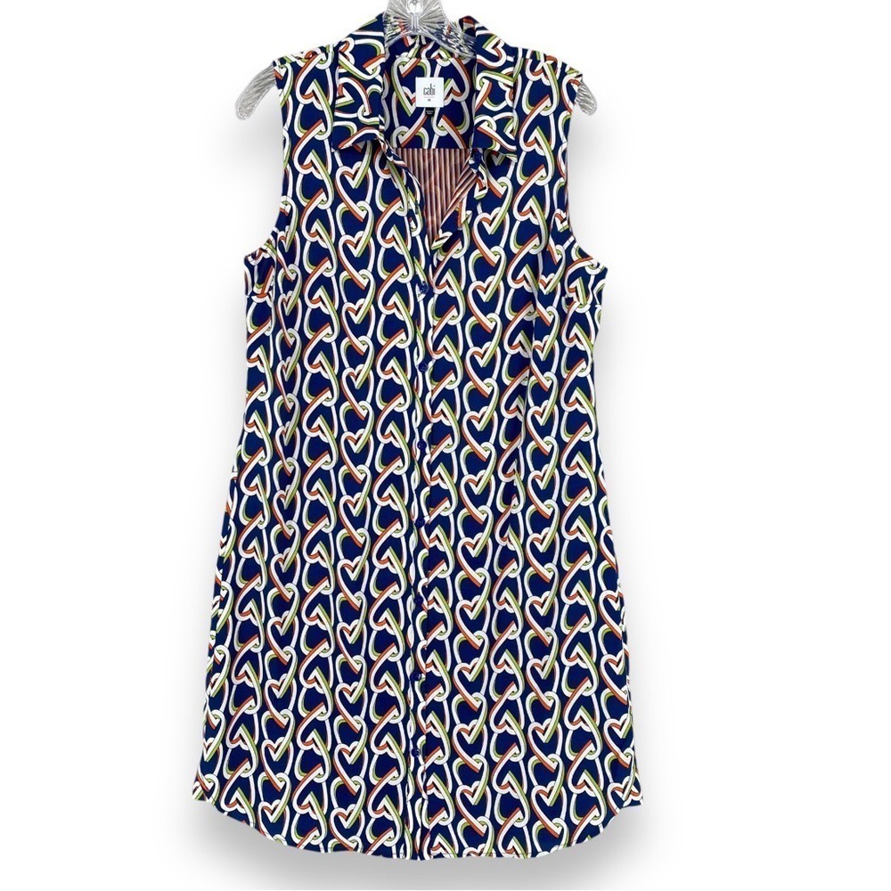 Cabi Love Links Dress‎ Women Medium Blue Heart Print Sleeveless Button Front